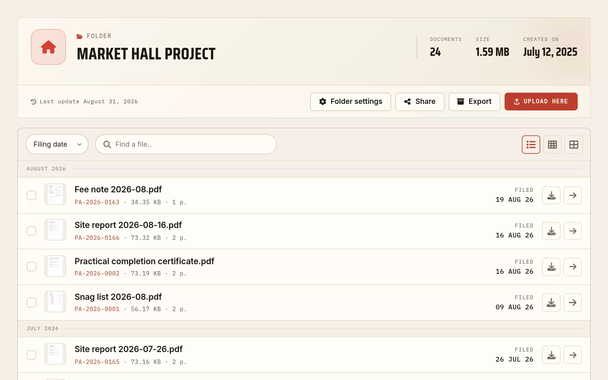 Archiving an architecture project: the brief, the design stages, the planning permission, the site reports and the record drawings, filed by date.