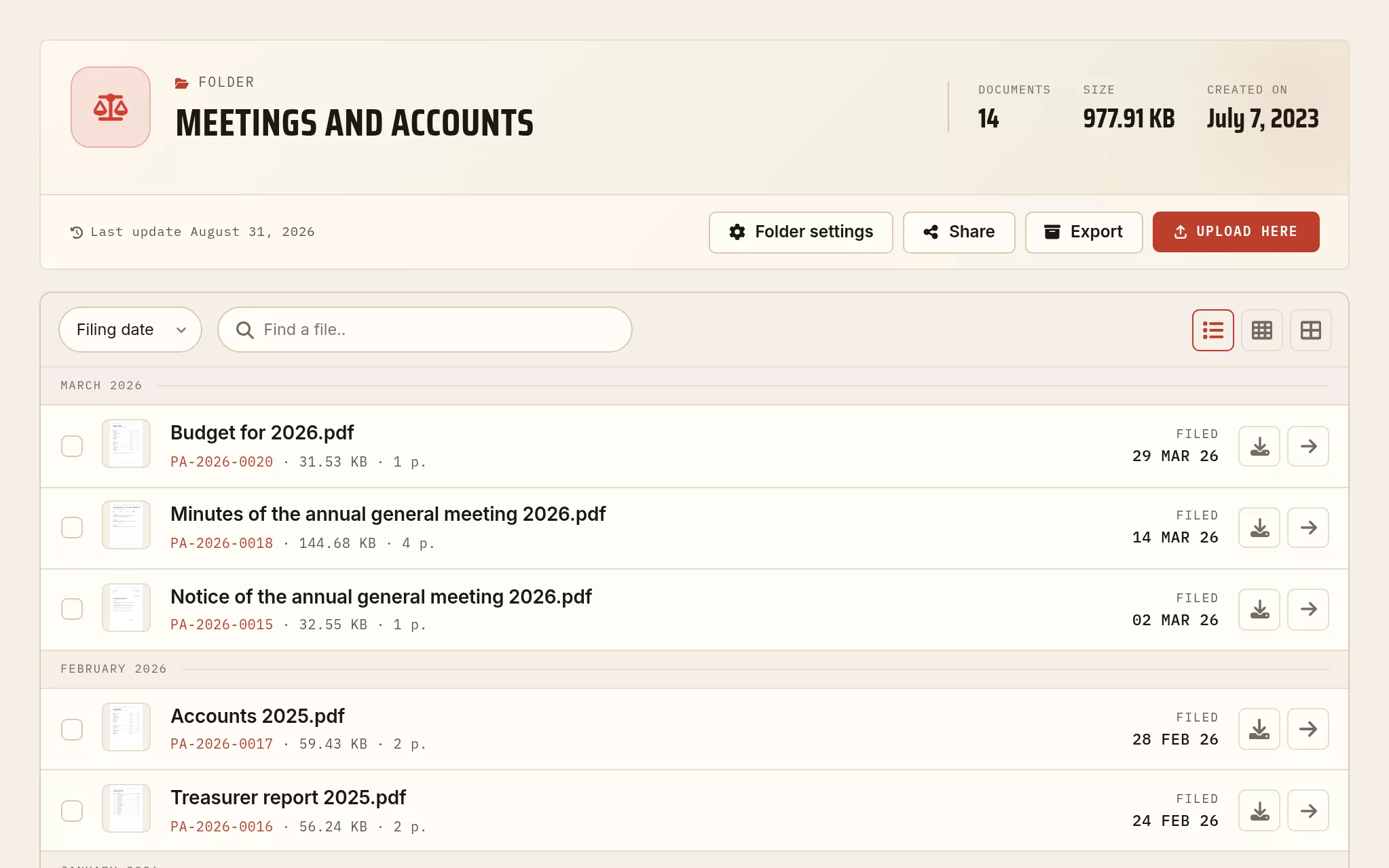 Archiving the minutes and accounts of an association: articles, minutes of the general meeting and yearly accounts, filed by year.