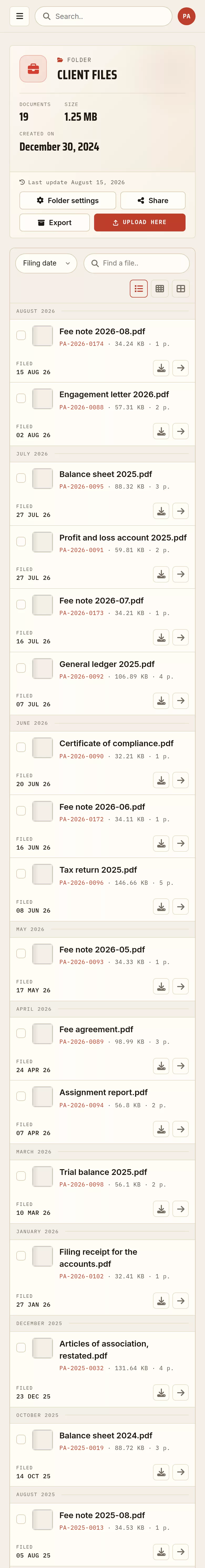 The client files of an accountancy firm, balance sheet and general ledger included, read on a phone.