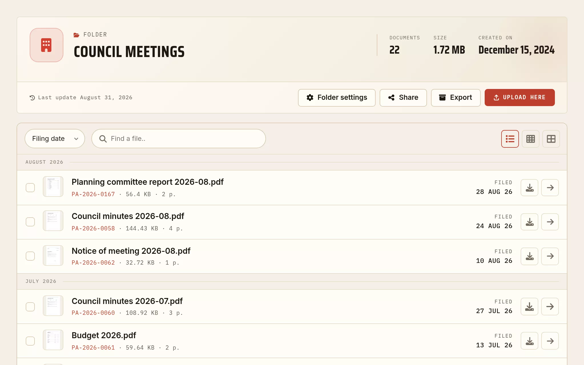 Archiving the minutes and resolutions of a council: minutes, notices of meeting, budgets and the local newsletter, filed by date.