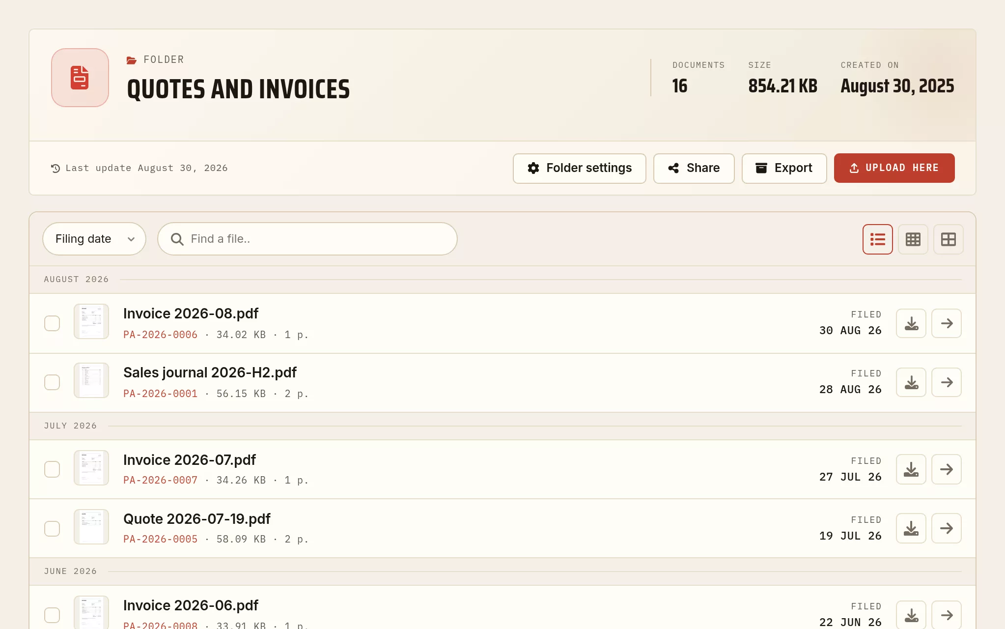 Archiving the quotes and invoices of a freelancer: a year of billing filed in the order it was uploaded.