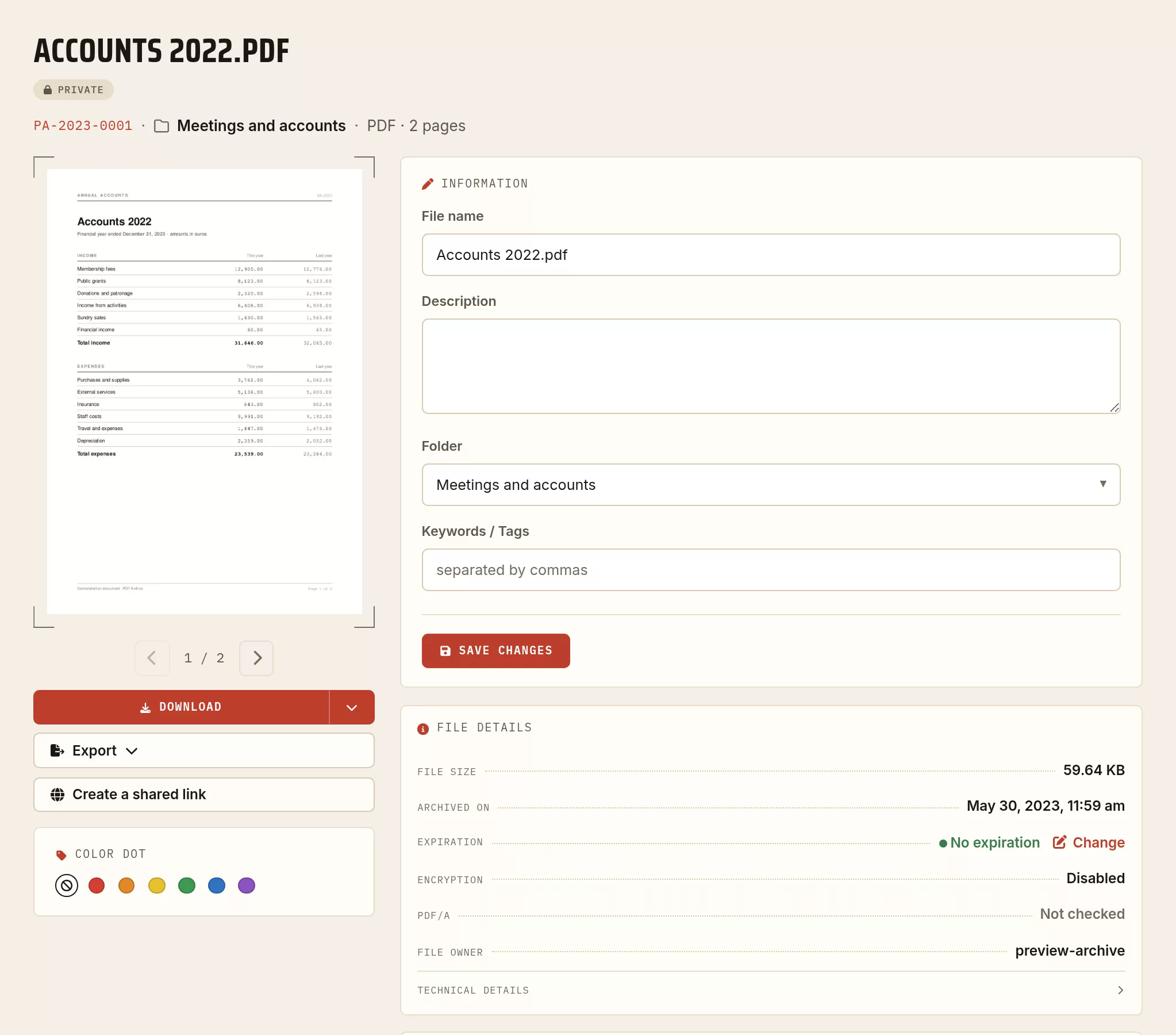 Long term PDF archiving: the page of a document filed in 2023, with its filing reference, its archiving date, its lack of expiry and its encryption state.