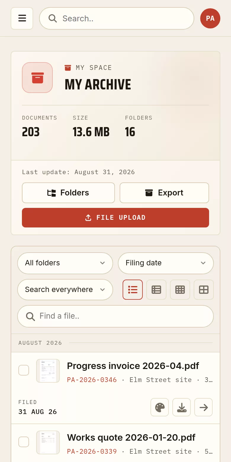Reading archived PDF documents on a phone: the same archive, in list view.
