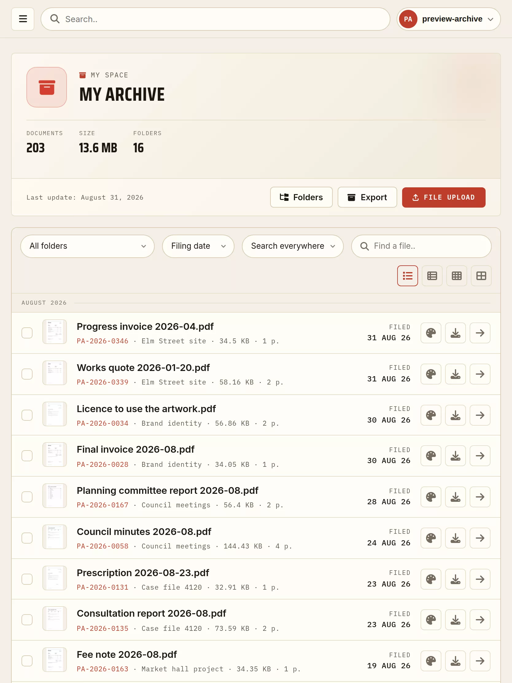 The Archive PDF file manager on a tablet held in portrait: the document list with its filing reference, folder, size and filing date.