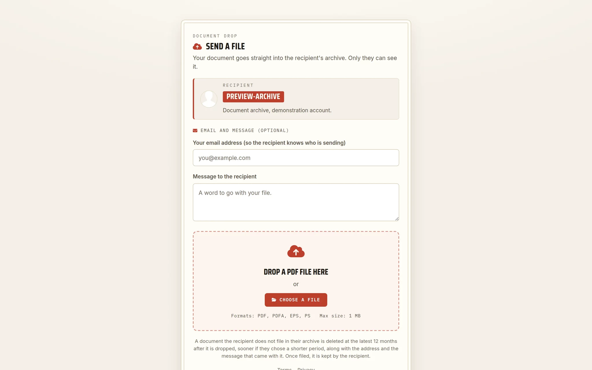 The file drop page of an organisation: the recipient is named at the top, the sender adds an email address and a short message, then drops a PDF.