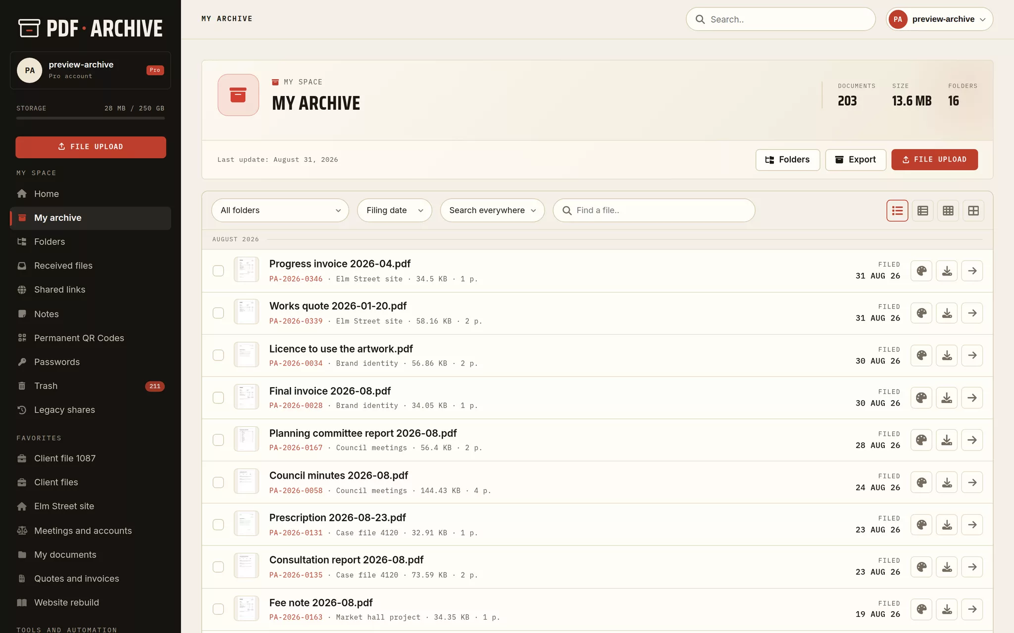 PDF file manager in list view: name, folder, size, page count and filing date of every archived document.