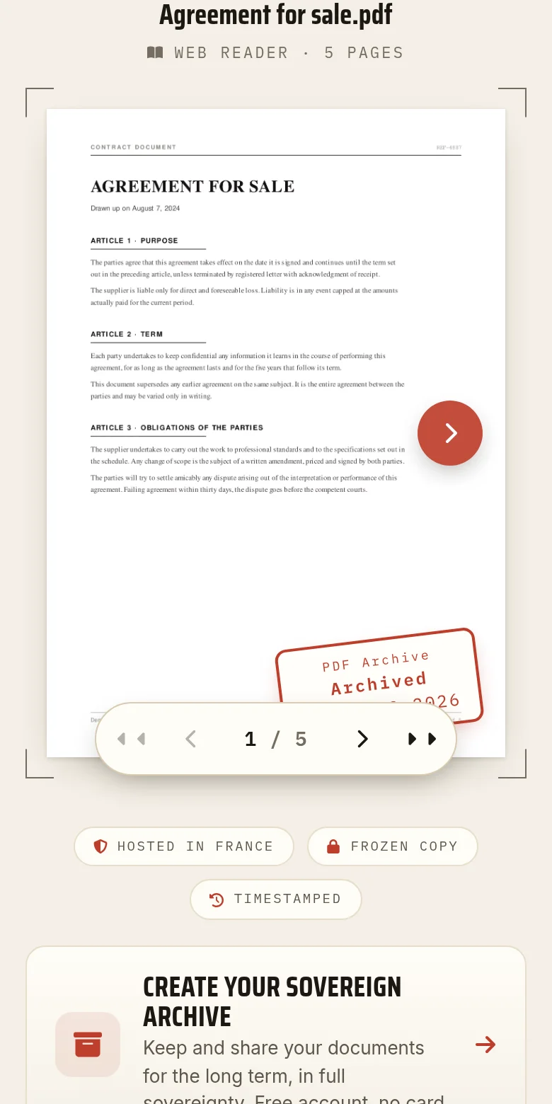 Reading a shared PDF online from a phone: the web reader shows the pages one at a time, with no app to install and no account to open.