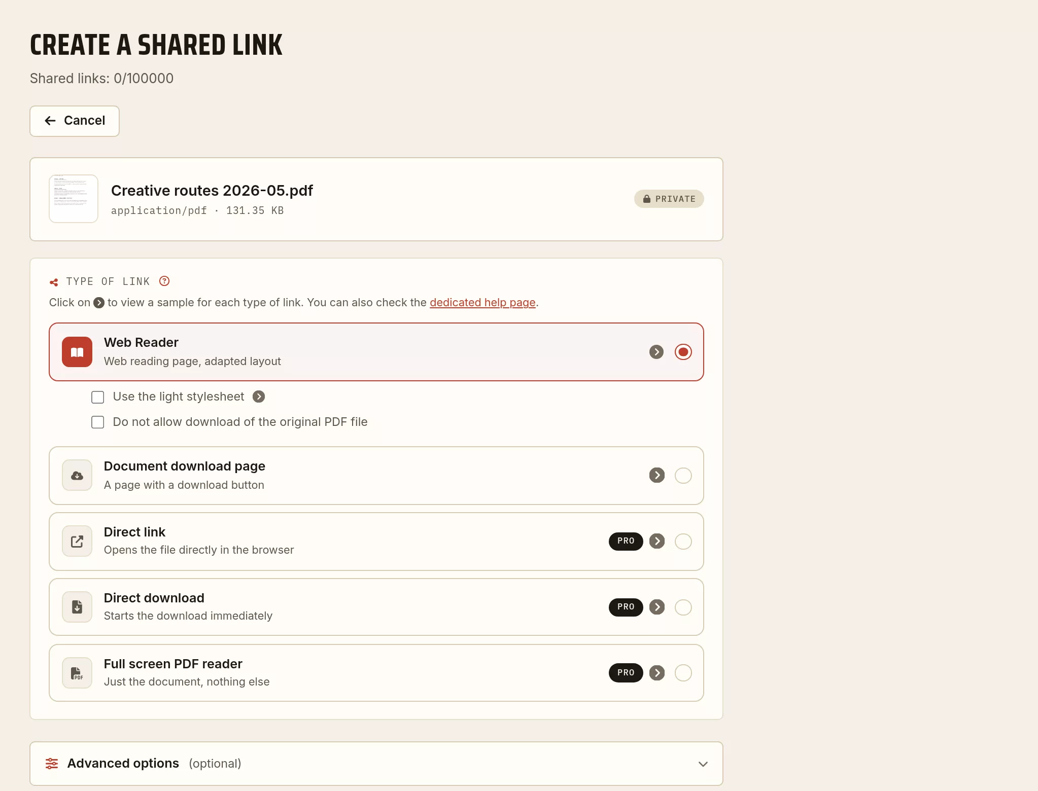 Sharing a PDF presentation: the link creation screen, with the choice between web reader, download page, direct link, direct download and full screen PDF reader.